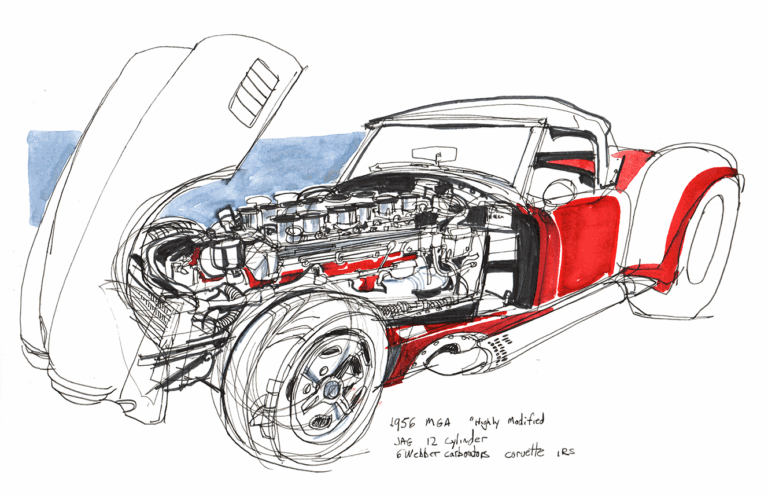 A 1956 MGA “highly modified” JAG 12 Cylinder, drawn at one of the Wheels for the Wheel shows I’ve attended at the Red Mill Museum in Clinton, NJ