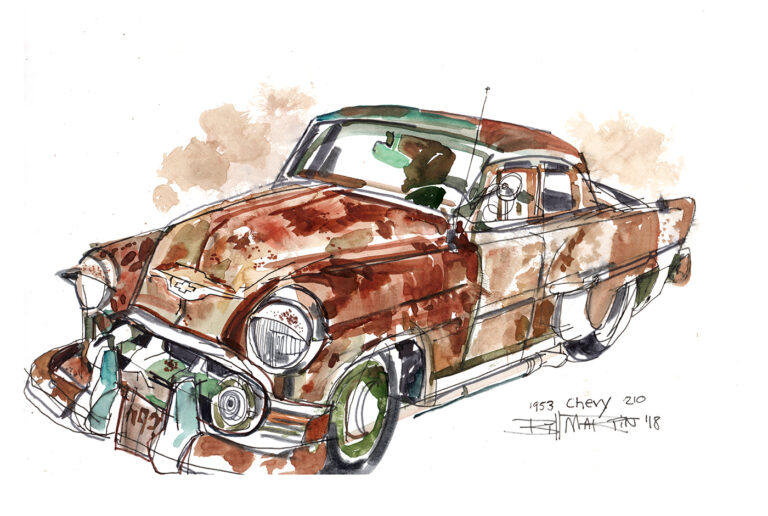 1953 Chevy 210 “rat rod”, drawn at the 2018 Lead East car show. This is the car that made me start paying attention to rat rods as a category, the lines of the car are so beautiful that the rust gives it more character and a lovely patina with a little “Mad Max” vibe thrown in as well
