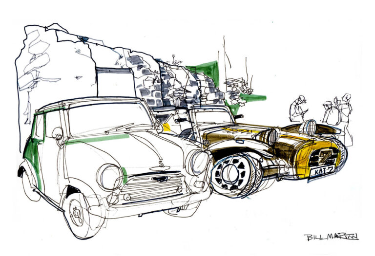 An older Mini Cooper, from before they were popularized in the US, drawn at the British Car Show at the Red Mill Museum, in Clinton, NJ
