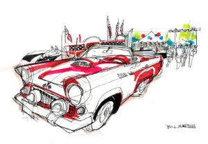 drawing of a '56 T-Bird at a car show