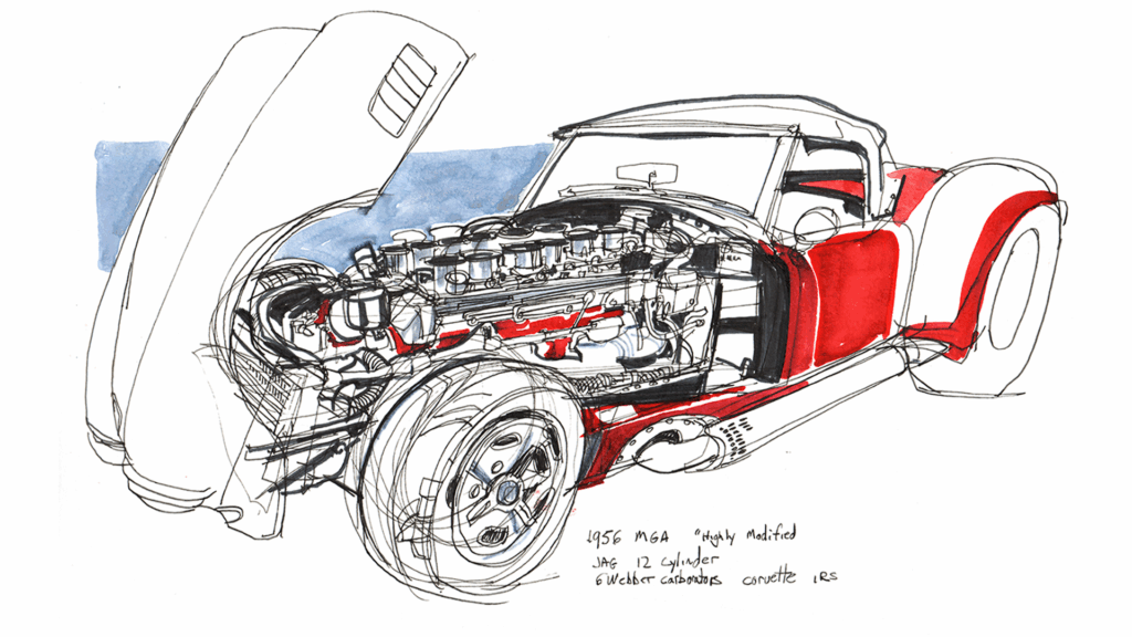 Drawing of a highly modified 1956 MGA car with hood open showing engine
